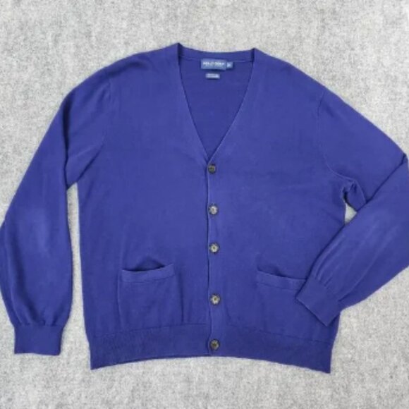 Ralph Lauren Polo Golf Sweater Mens Large Blue Cotton Cashmere V Neck Cardigan - Picture 1 of 15